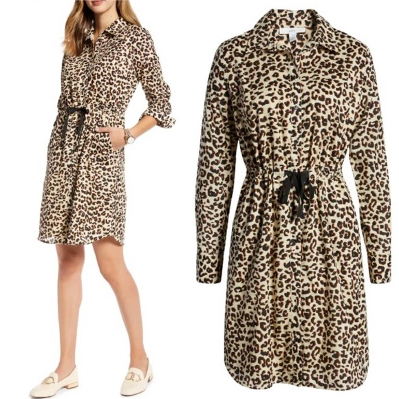 1901 Dresses & Skirts - 1901 Cinched Waist Poplin Shirt Dress Leopard Print